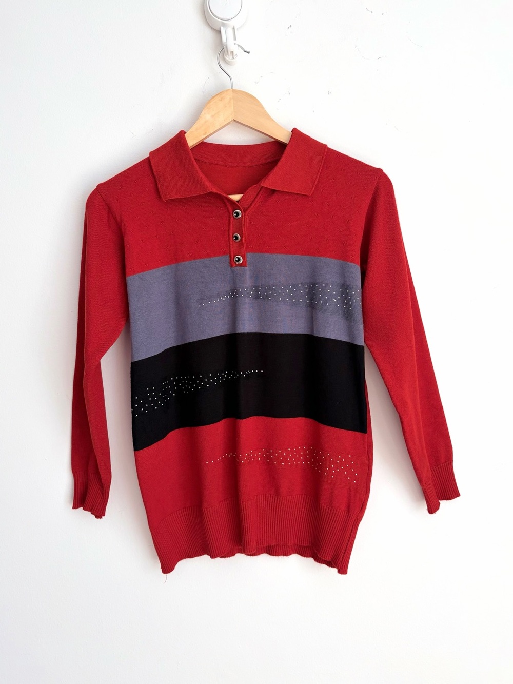 Y2K Red Grey Black Rhinestone Polo Sweater Retro Preppy S/M